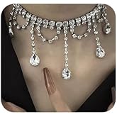 Missgrace Boho Silver Crystal Rhinestone Simple Tassels Choker Necklaces Silver Gothic Accessories Halloween Christmas Party Wedding Prom Bar Choker Necklace for Women