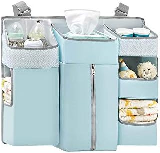 7 in 1 Multi-Functional Nursery Crib Hanging Nappy Change Organizer, Waterproof Pushchair Baby Stroller Hanging Storage Bag Baby Closet Organizer - Aqua Blue