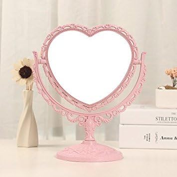 Beauty Mirror Makeup Mirror Magnification Vanity Cosmetic Mirrors Shaving Mirror Desktop Makeup Mirror European Vanity Princess Mirror Dormitory Portable Beauty Mirror,Pink Heart Shape 21×25Cm