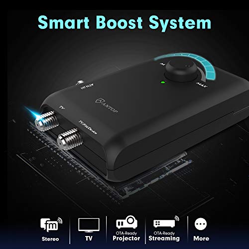 ANTOP HD Smart Boost Antenna Amplifier, Amplifies VHF and UHF Signals,Dual outputs, Connects to More Than one Device: FM Stereo, a Second TV, a Streaming Device. Compatible with All Antenna Brands