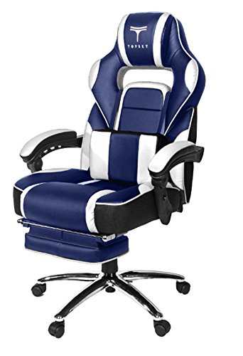 TOPSKY High Back Racing Style PU Leather Computer Gaming Office Chair (Navy&White) Ergonomic Reclining Design with Lumbar Cushion Footrest and Headrest