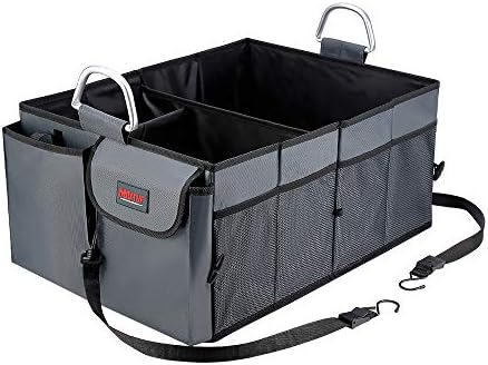 MAXTUF Car Boot Organiser, Heavy Duty 1680D Collapsible Auto Cargo Storage Groceries Container Bag with Multi Compartments, Warning Triangle for SUV Truck Vehicle Minivan Home dark grey