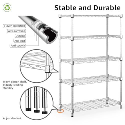 M MZG 5 Tier Heavy Duty Steel Shelving Unit Wire Organizer for Home Kitchen Office Chrome 35x60x159cm