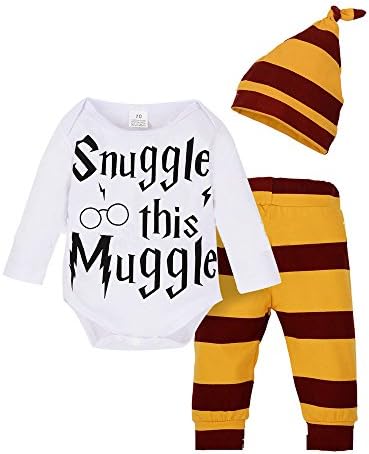 Mellons Baby Snuggle This Muggle Short Boys Girls Sleeve Striped Pants and Bodysuit Outfit With Hat (90, White+Yellow(Long Sleeves))