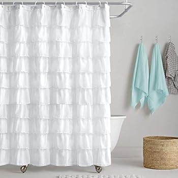 Amazon Com Ruffled White Fabric Shower Curtain Home Kitchen
