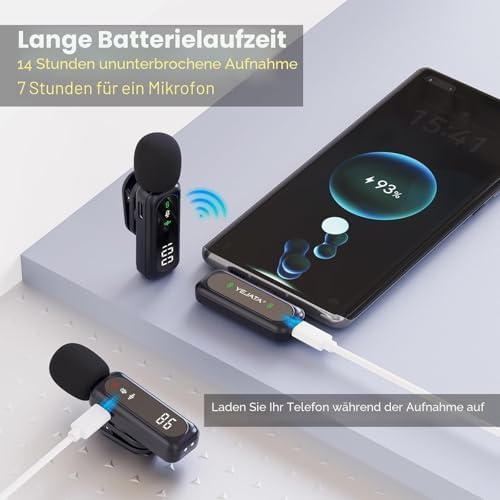 Drahtloses Mikrofon mit digitalem Batterieanzeige - 2er-Pack USB-C Mini-Mikrofon für iPhone 15/16/Android/PC/iPad/Tablet, 360° omnidirektionales Mikrofon mit Geräuschunterdrückung mit 100FT