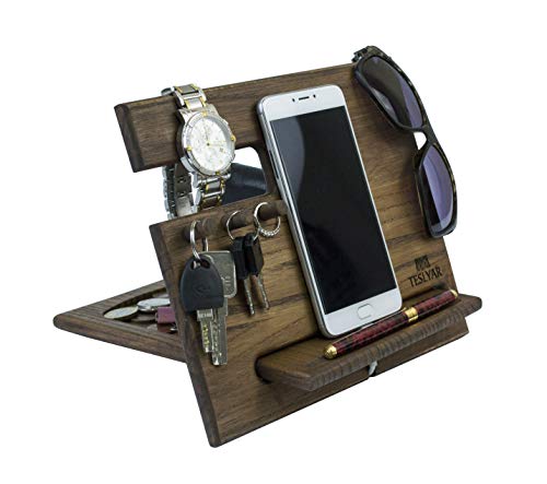 Wood Phone Docking Station Ash Chocolate Hooks Key Holder Wallet Stand Watch Organizer Men Gift Husband Wife Anniversary Dad Birthday Nightstand Purse Tablet Father Graduation Male Travel Idea Gadgets - Thumbnail 4