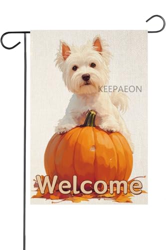 KEEPAEON 12x18 In Welcome Fall White Terrier Pumpkin Linen Garden Flag, Autumn Thanksgiving Maple Leaves House Yard Outside Decorations Outdoor Small Decor (1276) at Amazon