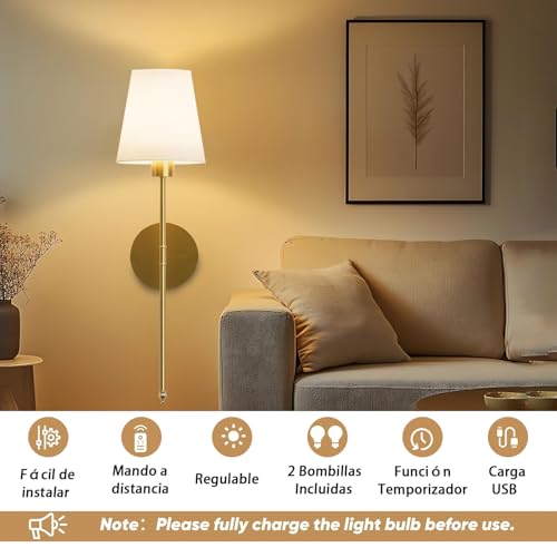 2 PCS lámparas de pared recargables, bombillas regulables desmontables y control remoto, 15 colores Aplique de pared inalámbricas para dormitorio Salón Pasillo (oro)