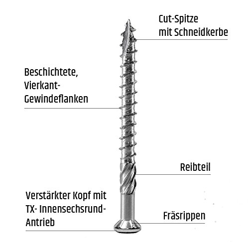 Terrassenschrauben 5 x 70 T-INOX - 500 Stück Edelstahl gehärtet C1, Torx 25 inkl. Edelstahl Bit - AISI 410 martensitisch – Bild 3