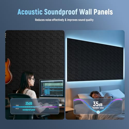 Sound Proofing Panels with Acoustic Foam - Acoustic Wall Panels Self Adhesive for Soundproofing- Black Hexagon Sound Proof Noise Cancelling - Sound Absorbing Panels for Gaming Room Studio 12 Pack