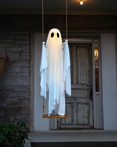 MERKYO Halloween Decorations Outdoor - 5 FT Large Hanging Swing Ghost Halloween Decor with String Lights, Spooky Cute Ghosts Decorations for Front Porch Yard Tree