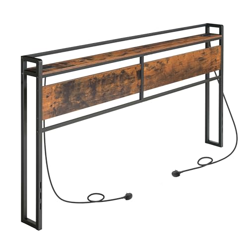 HOOBRO King Size Headboard with Storage, Wooden King Headboard with Power Outlets, Industrial King Bed Headboard Only, Adjustable Height, with Metal Frame, Rustic Brown and Black EBF98KBH01