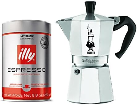 Bialetti 6 Cup Moka Express &amp; Illy Medium Roast Espresso Ground Coffee 8.8 Oz