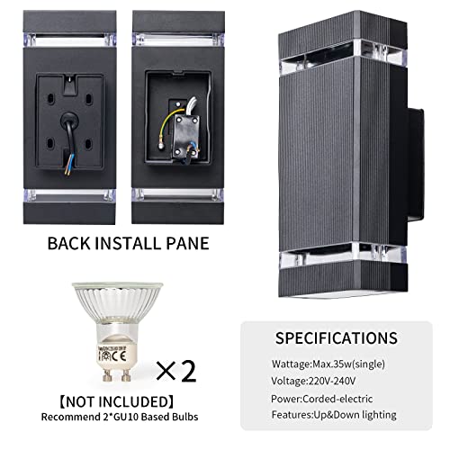 Aranzyec 2 X Outdoor Wall Lights Mains Powered, Aluminium Up Down Outside Wall Lights, Max 35W GU10, IP54 Waterproof Black Garden Lights for Patio, Terrace, Garden, Hallway, Balcony, Porch, Pathway