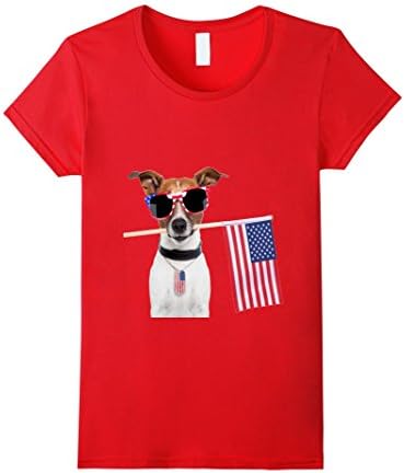 Womens 4th of July Shirt American Flag Jack Russel Terrier Dog Tags Large Red