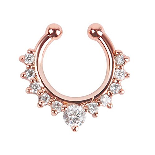 Oasis Plus White Crystal Rose Gold Fake Nose Ring Clip On Septum Hoop Non Piercing Hanger Body Jewelry