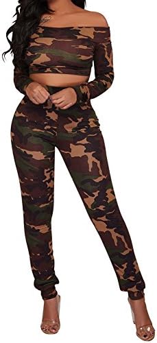 LaCouleur Women's Camouflage Camo Print Off Shoulder Long Sleeve Crop Top and Pant 2PCS Outfits Set XL