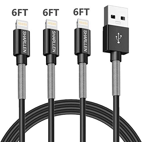 iPhone Charger Cable SHARLLEN Spring iPhone Lightning Cable 6FT 3Pack Long iPhone Data Cable Wire USB Fast iPhone Charging Cord Compatible iPhone XS/MAX/XR/X/8/7/6/5/iPad/iPod(Black)