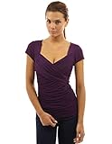 PattyBoutik Women's Cross Front V Neck Ruched Mesh Blouse (Purple M)