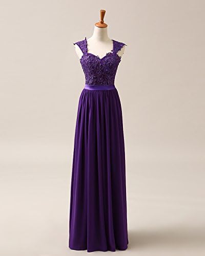 Women's Chiffon Long Bridesmaid Prom Dress whith Lace Applique Bodice Cadbury Purple Size2