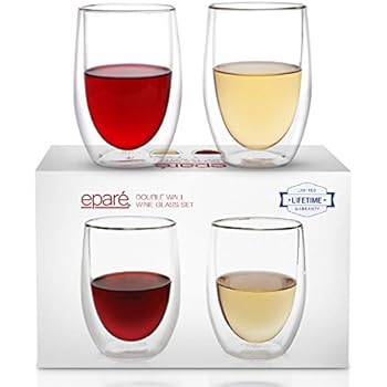 Eparé Wine Glasses - Set of 2 - Insulated Double-Walled Glassware - Stemless Drinking Glass - Red & White Wine Tumblers