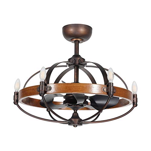 Industrial Ceiling Fan with Light 29 Inches 6 Lights Rustic Wood Cage Chandelier Fan Kit Farmhouse Pendant Lighting with 3 Reversible Blades,6 Bulbs Needed Not Included, Bronze