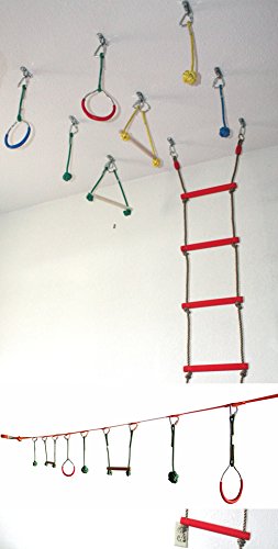 Gym 2 Dance Ninja Warrior Training Obstacle Course Set on Slackline and Ceiling Anchors for Outdoor and Indoor, 6 Rungs Climbing Ladder + 7 Monkey Bar Swing Kits - Thumbnail 4