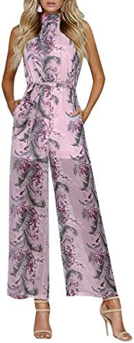 Missy Chilli Women's Elegant Backless Sleeveless Floral Print Jumpsuit Wide Leg Playsuit Long Romper
