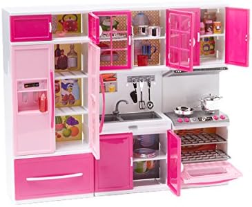 Princess Deluxe Full Modern Kitchen Set Stove Refrigerator Sink Toy Doll Kitchen Playset w/ Light Sound, Food Kitchen Accessories