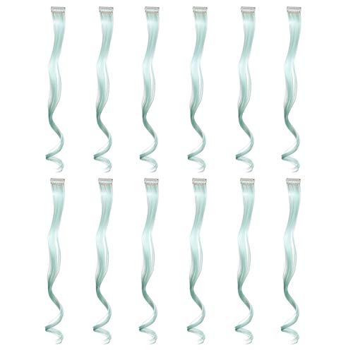 SWACC 12 Pcs Curly Wavy One Color Party Highlights Clip on in Hair Extensions Colored Hair Streak Synthetic Hairpieces (Mint Green)