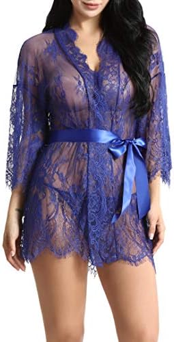 Women's Lace Kimono Robe Sheer Babydoll Lingerie Mesh Nightgown See Through Lace Chemise with G-String and Belt