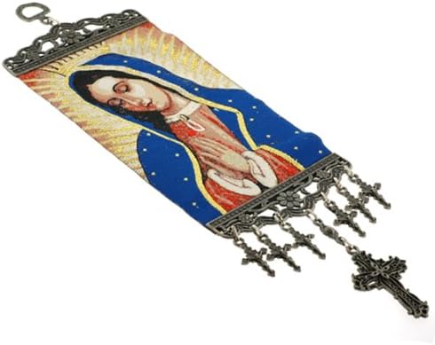 Our Lady of Gudadalupe in Blue Robe Hanging Banner - 12"Hx4"W - Image woven with Gold Colored Lamé into fabric - Pewter hanger and and 7 Dangling crucifixes and filigree