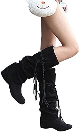 Wonshine Women's Fashion Slouchy Flat Boots Faux Suede Mid Calf Boots Black 8.5