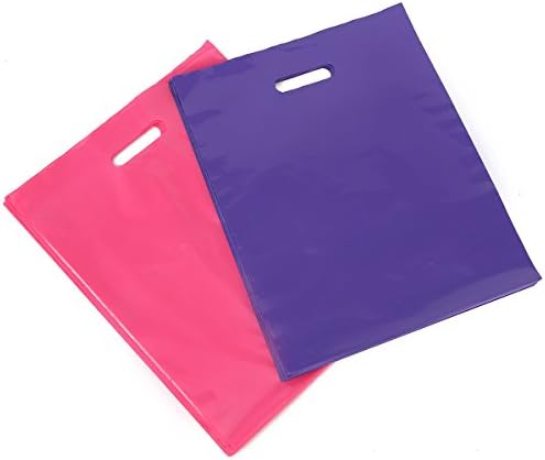 TinyBag 200 pcs 12x15 Hot Pink and Purple Merchandise Bags, Thicken to 2 Mil, Cute Glossy Poly Plastic Retail Shopping Bags with Die Cut Handle
