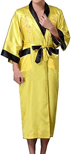 TLIH Men's Chinese Dragon Pattern Embroidered Kimono Yukata Robe Two-sided Wear Yellow