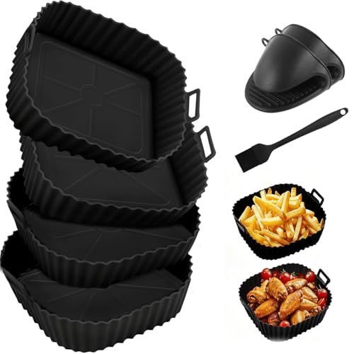Rantuia 7PCS Silicona para Freidora de Aire, Reutilizable Moldes Accesorios para Freidora de Aire, 4 Moldes de Silicona para Freidora de Aire, Brocha de Silicona para Aceite, Guantes de Silicona