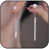 Long Tassel Rhinestone Pearl Earrings for Women Cubic Zircon Silver Bow Dangle Earrings Dainty Pearl Elegant Earrings Rhinestone Bow Earrings Dangling Cute Silver Earrings