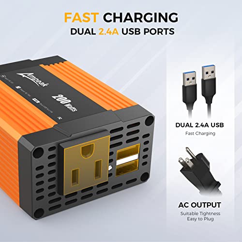 Ampeak 200W Car Power Inverter 11 Safe Protections DC 12V to AC 110V Car Converter 4.8A Dual USB Ports for iPhone,Ipad,Laptop