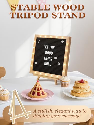Changeable Felt Letter Board with LED Lights - 10×10" Message Custom Signs & Wood Stand& 450 Letters, Poster Board for Baby/Pregnancy Announcement/Classroom Wall Decor Gifts First Day of School, Black