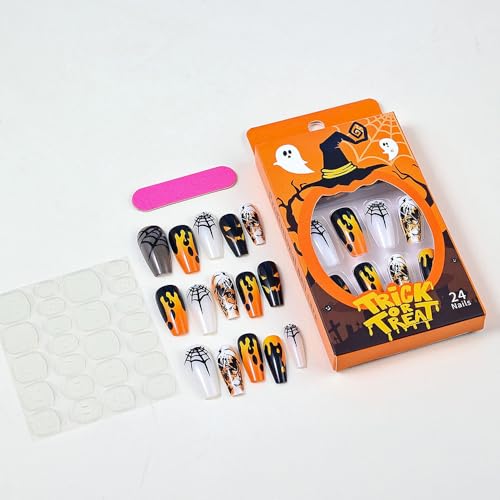 24 Pcs Halloween Press on Nails Medium Coffin Square - SHANRUN Ballerina Fake Nails Press ons Nail Art French Tip Glue on Nails Full Cover Artificial Acrylic False Nails with Ghost Spider Web Design - Image 5