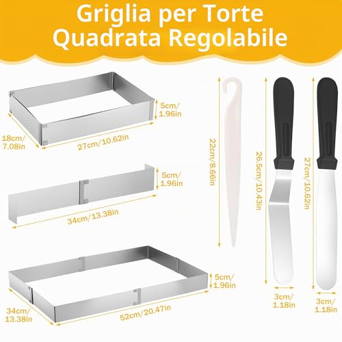 Zocipro Stampo Rettangolare Torta, Alta 5 cm, 27 x 18 cm, Estensibile Fino a 52 x 33 cm, Anello per Torte Regolabile Rettangolare Tortiera da Forno in Acciaio Inox per Torte Crostate Pizze