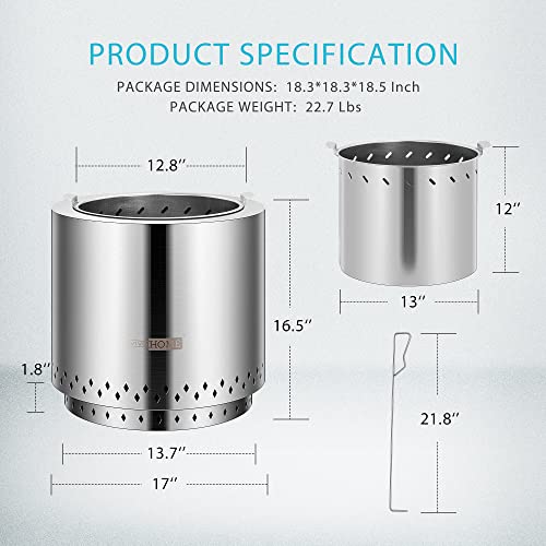 VIVOHOME 17 Inch Large Stove Bonfire Fire Pit with Stand and Poker, 304