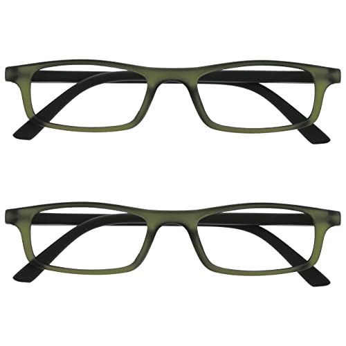 OPULIZE Ted Reading Glasses 2 Pack Narrow Matt Lightweight Frame Transparent Khaki Spring Hinges Scratch Resistant Mens Womens RR17-6 +3.50
