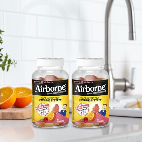 AIRBORNE 750MG VITAMIN C GUMMIES FOR ADULTS, IMMUNE SUPPORT GUMMIES WITH POWERFUL ANTIOXIDANTS VIT C & E, CAFFEINE FREE – 2X63CT BOTTLE (42 SERVINGS), ASSORTED FRUIT FLAVOR
