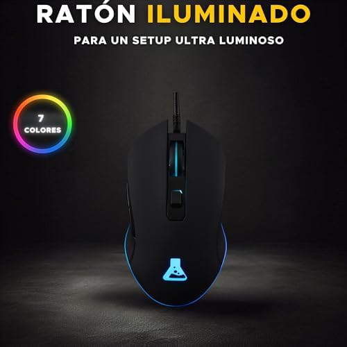 Kult Helium - RATÓN Gaming - 800 a 3200 dpi Sensor óptico, Retroiluminación 7 Colores LED, 6 Botones - Ratón de Juego cómodo y Ligero - Compatible con PC/Mac/Xbox One / PS4/PS5 (con Cable)