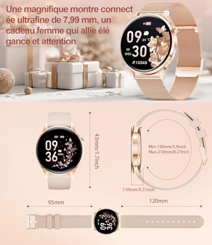 HIRREO Montre Connectée Femme Ronde, Smartwatch Femme Ultrafin 7,99 mm 1,32" Écran Clair Appel Bluetooth, Montre Intelligente Santé Féminine Fréquence Cardiaque SpO2 Fitness Podomètre, Or Rose
