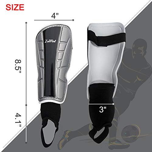 Chanvoo Youth Soccer Shin Guards, Professional Sports Protective Gear Soccer Equipment for 6-12 Years Old Kids, Toddlers, Youths, Men, Women, Boys, Girls. (Silver Black (with Ankle Strap))