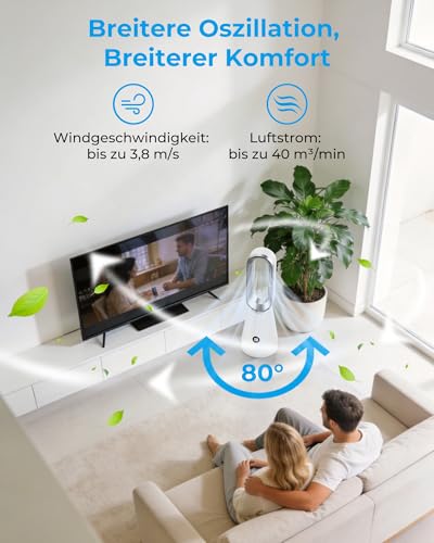 DDHTSAL 56 cm Small Quiet 32 dB Rotorless Fan with Remote Control, Magnetic Washable Filter, 8 Gears, 80° Oscillation, 9H Timer, 30 W Energy Saving Bladeless Fan for Bedroom, Home, Office
