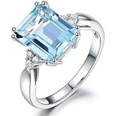 925 Sterling Silver Plated Blue Topaz Moissanite Promise Ring for Women Birthstone Emerald Cut CZ Diamond Cocktail Ring Eternity Engagement Wedding Band for Women's Size 7#